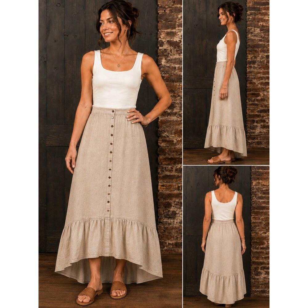 Linen Ecru Oatmeal Maxi Skirt Buttons Ruffle Elastic Waist Sz L Quiet Luxury EUC